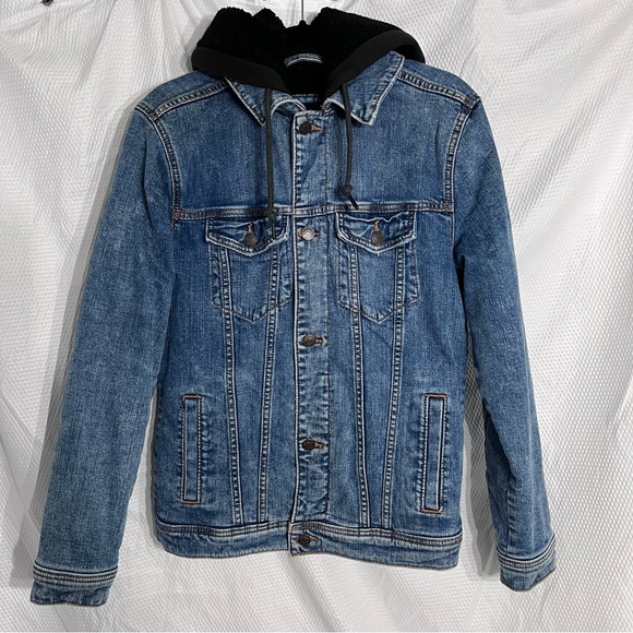 Holister Jacket Size Small Blue Denim Fleece Lined Hooded Button Down - Picture 1 of 12